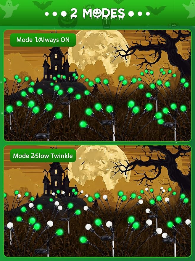 Halloween Decorations Outdoor Solar Firefly Lights 6 Pack 48 LED Green | 2 Lighting Modes, Memory Function and Auto On/Off, Sway with Wind, Waterproof Halloween Decor for Outside Horror Party Garden