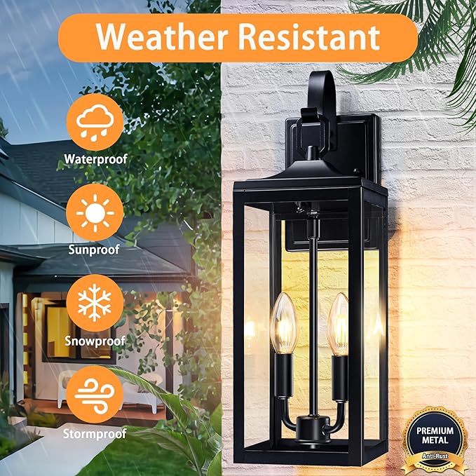 18'' Large Outdoor Wall Lights 2 Packs, Porch Light E12 2-Light, Black | Waterproof Exterior Lighting Fixtures, Outdoor Lanterns for Porch, Modern Wall Sconces, Outside Lights for House Garage