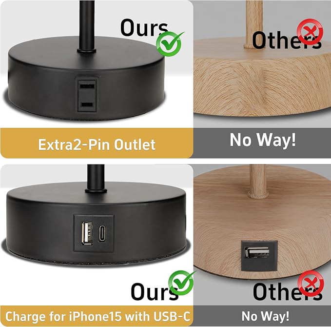 Bedside Table Lamp for Bedroom - 3 Way Dimmable Touch Lamp USB C Charging Ports and AC Outlet, Black Base Round Flaxen Fabric Shade for Living Room, Desk, LED Bulb Included(Black)