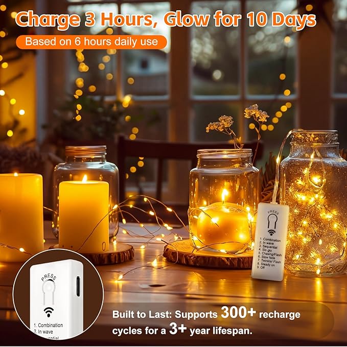 6 Pack Rechargeable Fairy Lights,7ft 20LEDs, Remote & DIY Timer | Dimmable Silver Wire, Mini Twinkle Lights, For Mason Jar, Indoor Christmas Bedroom Wedding Decor, Multicolor