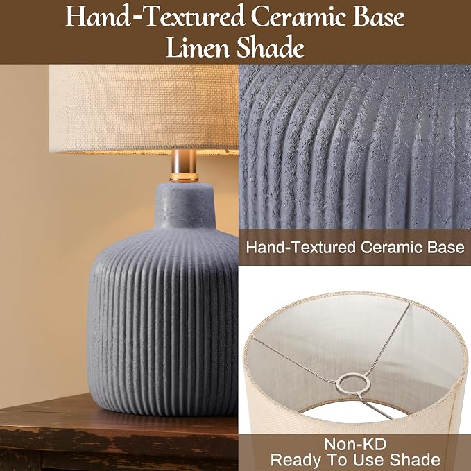 Ceramic Table Lamp, 17.75" Nautical Bedside Lamp with Beige Linen Shade, Warm Ambient Nightstand Lighting for Beach House, Navy Blue