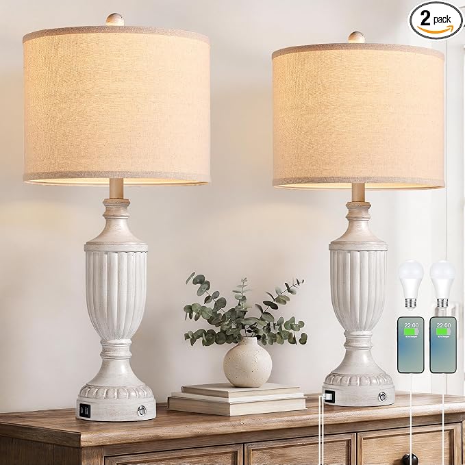 Farmhouse Table Lamps for Bedroom Set of 2, 27.5" Bedside Lamp with USB Ports, Dimmable Nightstand Table Lamp for Living Room