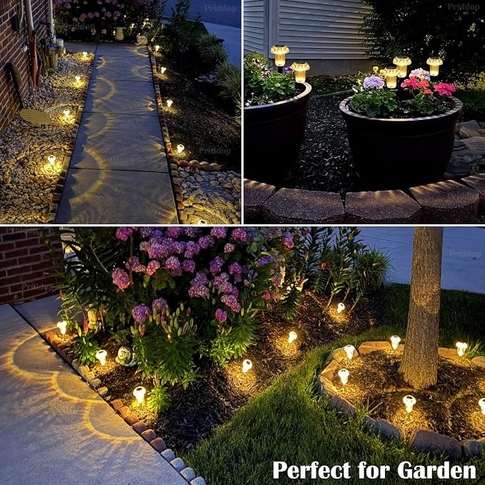 Priddop 8 Pack Solar Garden Lights Outdoor Waterproof 3000K Warm White LED | Auto On/Off Mushroom Stake Lights for Yard Patio Lawn Driveway Walkway Pathway Decor, Acrylic/ABS Landscape Path Lights