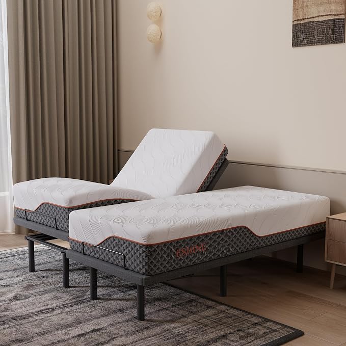 ESHINE Adjustable Bed Frame + 12" Hybrid Mattress Split King(Medium) - Luxury Gel Memory Foam, Upholstered Bed Frames with Massage, USB, Under Bed Night Light, Head and Foot Incline, Split King