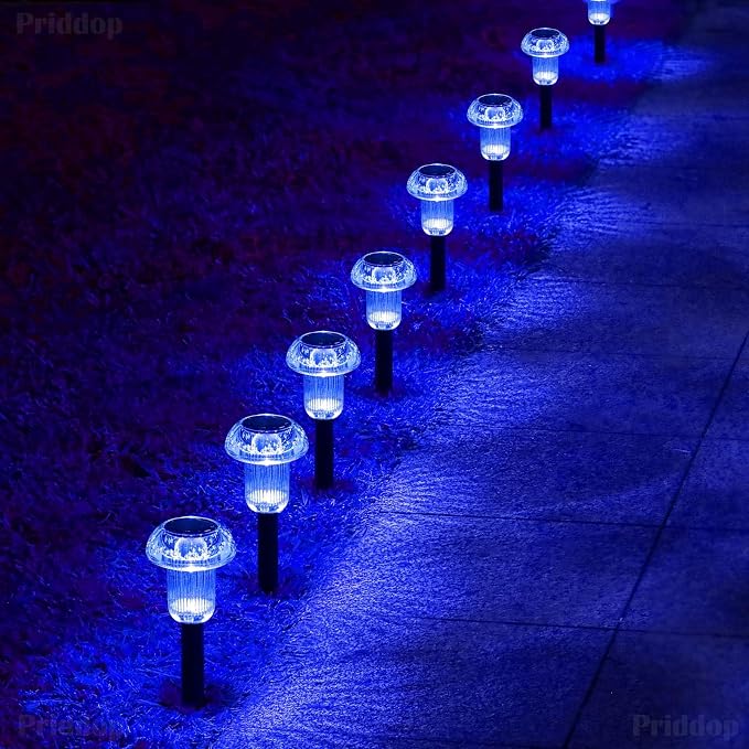 Priddop Solar Garden Lights Outdoor Waterproof 8 Pack Blue LED Mushroom | Yard Pathway Walkway Patio Landscape Path Lights, Acrylic ABS, Ground Patterns Replaceable Battery, Outside Christmas Decor