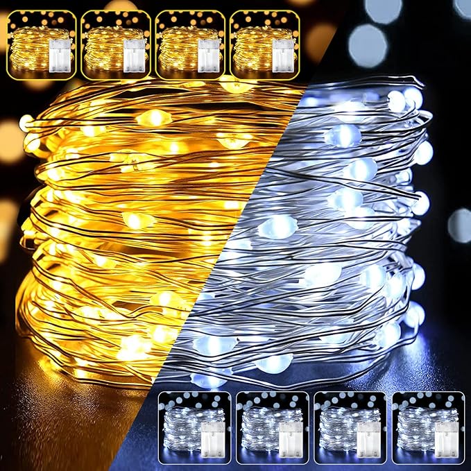 8 Pack LED Fairy Lights Battery Operated 20FT 60 LEDs Silver Wire String Lights Twinkle Lights Starry Fairy Lights for Bedroom Christmas Wedding Party Indoor Outdoor Decor, Warm White + Cool White
