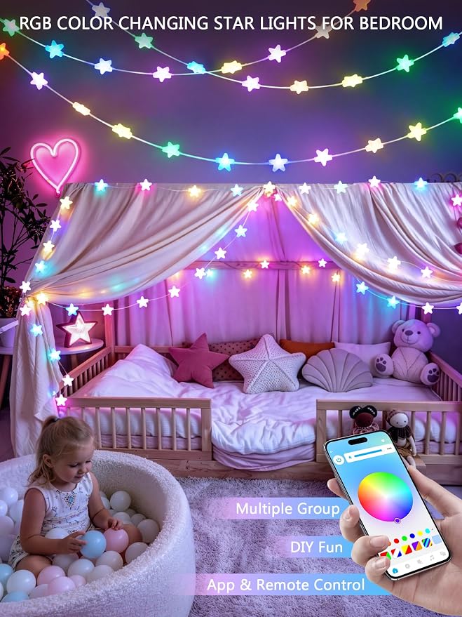 JMEXSUSS 33FT 66 LED Color Changing Smart Star String Lights for Bedroom | App & Remote Control, Music Sync, USB/Plug in,RGB, Twinkle Fairy Lights for Classroom Dorm House Porch DIY Gift Decor