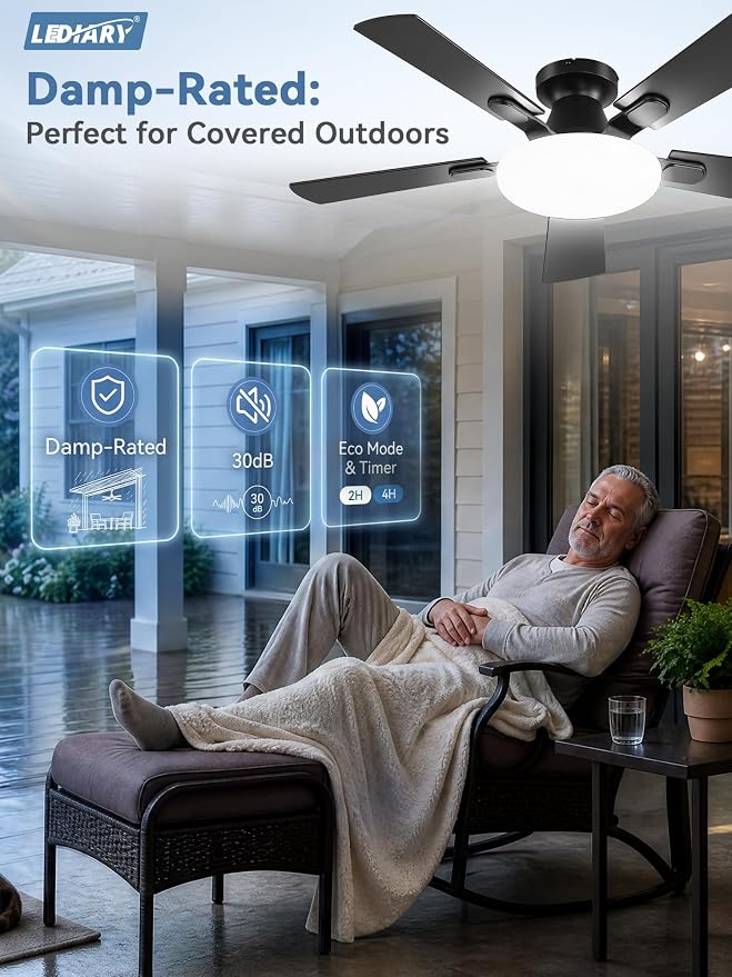 LEDIARY 42 Inch Flush Mount Ceiling Fans with Lights, Remote & APP Control | Bright Light, 3CCT, Dimmable, Memory Function, Timer, Reversible Blade, Quiet DC Motor, Damp-Rated, Bedroom, Covered Patio