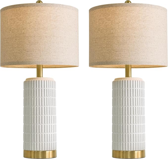PoKat Farmhouse Table Lamps for Living Room Set of 2 with Gold Base, 25'' Stone-Like Bedside Lamps for Bedroom Night Stands, Ructic Ceramic Lamp for Office Hallway End Table Dorm (Frosted White)