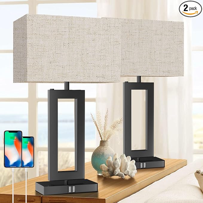 MoMyofdy Tall Table Lamps for Living Room Set of 2, Modern Bedside Lamps w. 2 USB Ports, 3-Way Dimmable Touch Control Nightstand Lamp Set w. Fabric Cream Shade for Bedroom End Table, 22 in