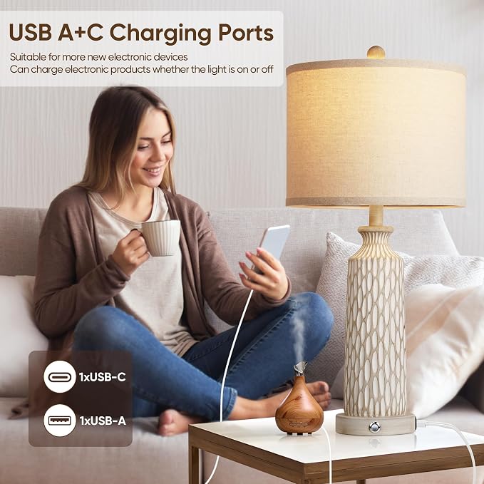 QiMH 26" Lamps for Bedroom, Farmhouse Table Lamp Set of 2, Off-White | USB A+C Charging Ports, Touch Control 3-Way Dimmable, Modern Resin Bedside Lamps for Living Room, 2700K LED Bulbs Included