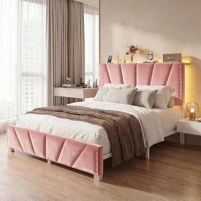 EnHomee Queen Bed Frame with LED Lights & USB, Noise-Free, Pink | Adjustable Velvet Headboard，Under-Bed Storage，Heavy Duty Support with 12 Slats，No Box Spring Needed，Easy Assembly for Bedroom