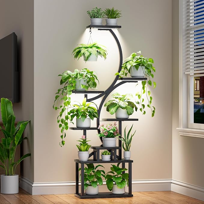 BACEKOLL Plant Stand Indoor with Grow Light, 8 Tier Corner Plant Shelf Tall | 62" Lighted Flower Holder for Plant Multiple, Space-Saving Beautiful Display Growing Rack for Home Patio, Sturdy Metal, Black