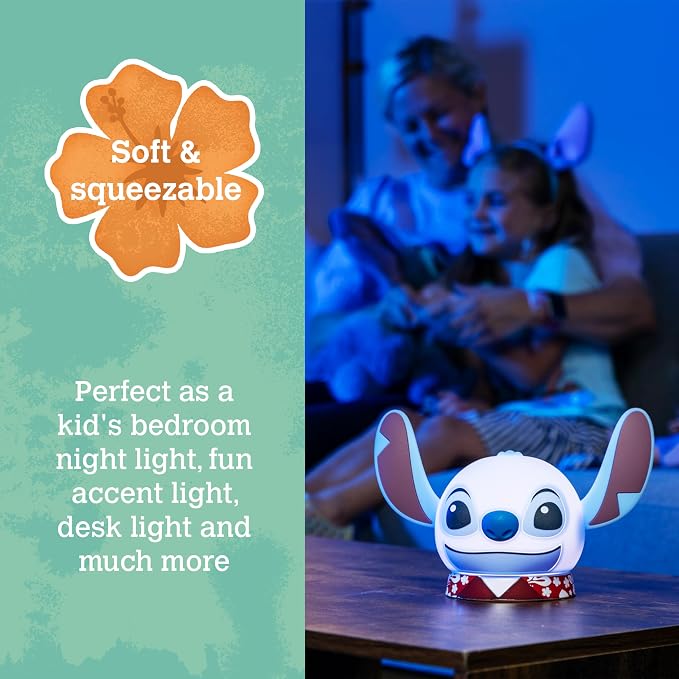 Disney Squish'ems Lilo & Stitch Night Light for Kids, Soft Silicone | Dimmable Kids Bedside Lamp, Light for Kids Room, Bedroom, and Playroom, USB Powered with AAA Battery Option