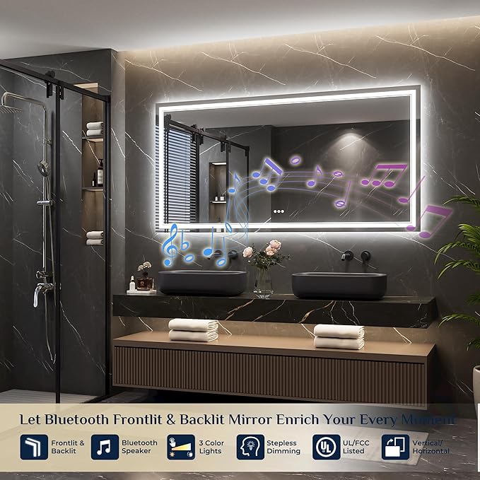 Keonjinn 72" x 36" Lighted Mirrors for Bathroom Wall with Bluetooth Speaker, Frontlit & Backlit Large LED Bathroom Mirror, Bluetooth Mirror Bathrooms, Tempered Glass, Dimmable3 Color Lights, UL-Listed