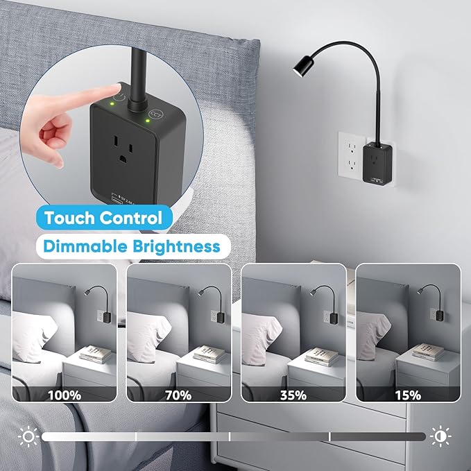 Plug in LED Wall Mounted Reading Light, Black Flexible Wall Sconce Spot Light with Power Plug Extension Outlet for Bedroom Kitchen, 3 Lighting Colors, with USB Output Charging Ports