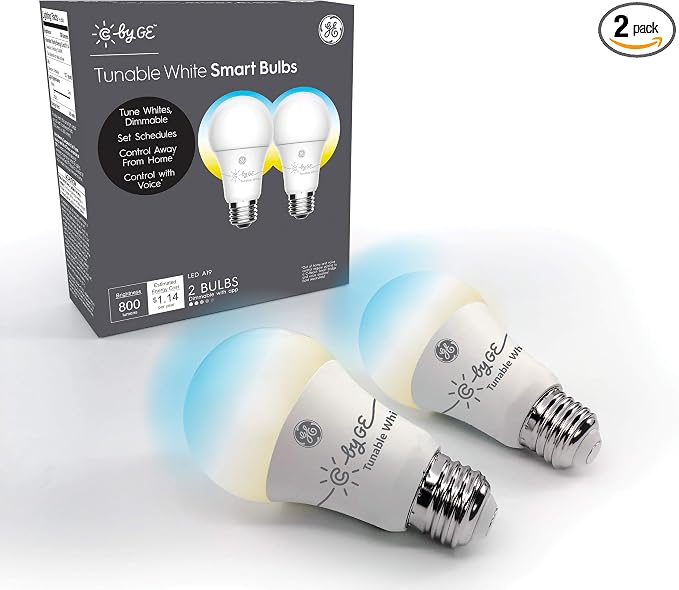 GE Lighting CYNC Smart Light Bulbs, Bluetooth Enabled, Tunable White, Alexa and Google Home Compatible, Cool and Warm White (2 Pack), Packaging May Vary