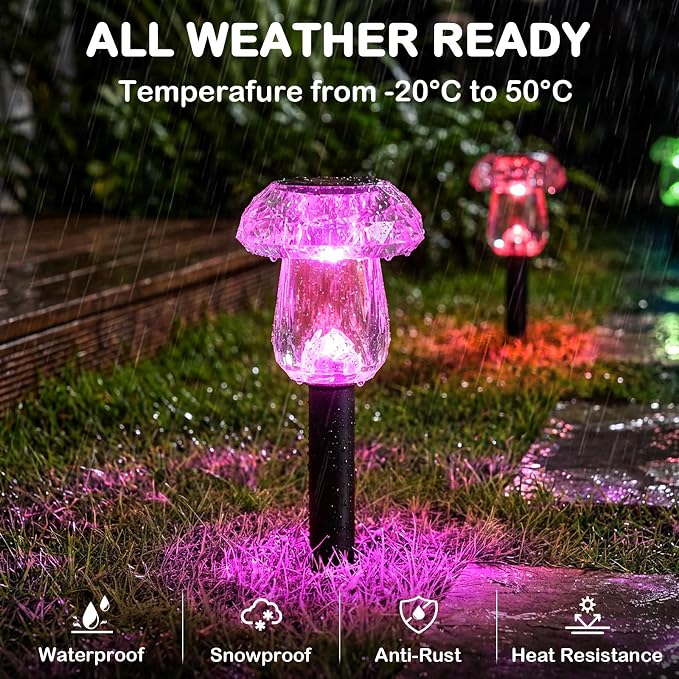 16 Pack Solar Lights Outdoor Color Changing Mushroom Garden Lights | Waterproof Pathway Yard Walkway Landscape Path Lighting for Outside, Auto On/Off Decorations, Acrylic Diamond-like Lampshade