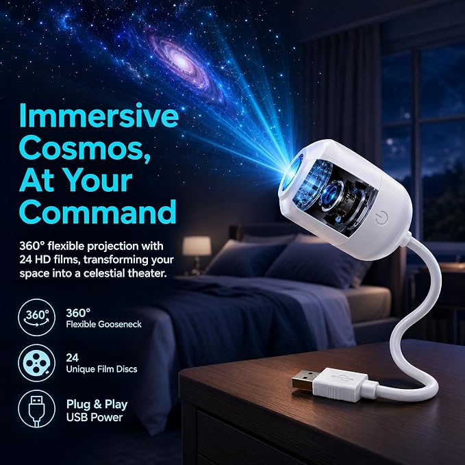 2027 New Hd Smart Dynamic 5D Holographic Night Light Projector, Plug and Play HD Star Projector with 24 Films , 360° Adjustable 2-in-1 Galaxy Projectors Night Light, USB Powered for Bedroom（12 Films）
