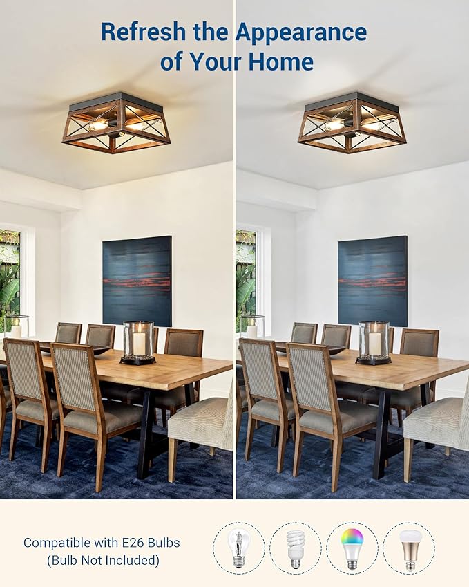 DEWENWILS Farmhouse Flush Mount Ceiling Light with Wood Grain Finish, 2-Light Metal Light Fixture for Kitchen Hallway Entryway Porch