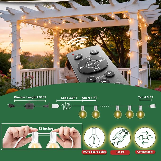 Outdoor-String-Lights with Remote 102FT Waterproof lights for Outside Patio | 1FT Bulbs Apart, White Cord String Lights, Connectable Dimmable Patio Lights with Remote,Timer, 3 Modes for Backyard,Bistro
