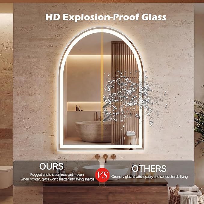 NEWBULIG 24X36 Inch Arched LED Bathroom Wall Mirror with Lights, Light up Vanity Bathroom Mirror for Over Sink, Anti-Fog and Dimmable, Front Light and Backlit, Memory Function, Shatter-Proof, White