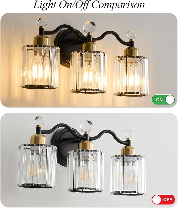 Black&Gold Bathroom Vanity Light Fixtures Over Mirror,3-Light Crystal Bathroom Light Fixtures,Vanity Light Fixtures Over Mirror,Wall Sconce with Clear Crystal Glass Shade, Kitchen, Living Room
