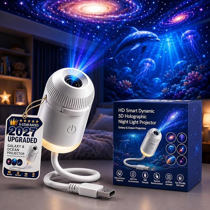 2027 New Hd Smart Dynamic 5d Holographic Night Light Projector 2-in-1 Galaxy Star and Ocean Projector with 24 Films, 360° Rotating USB Powered Ceiling Light for Bedroom