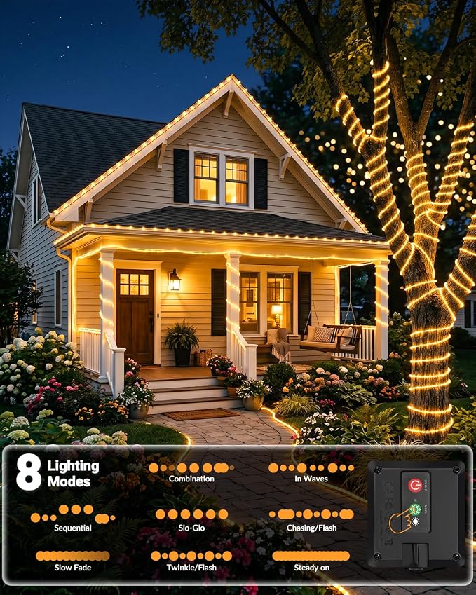 btfarm Solar Rope Lights, 120LED 46FT String Lights Outdoor Waterproof | 6 Pack 8 Modes, Timer Memory Function, Tube Trampoline lighting for Outside Garden Tree Christmas Yard Patio Decor,Warm White