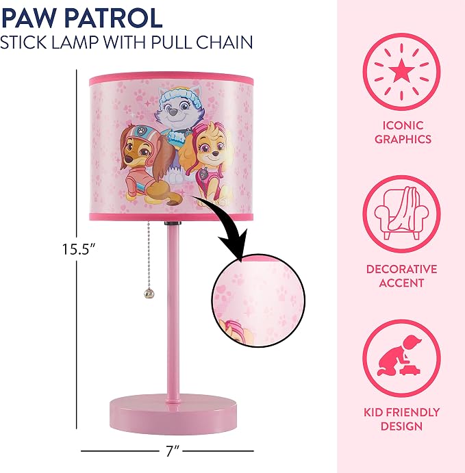 Paw Patrol Stick Table Lamp for Kids – Featuring Everest, Liberty & Skye, Pull Chain On/Off, Printed Decorative Shade, Perfect for Bedroom, Nursery or Playroom