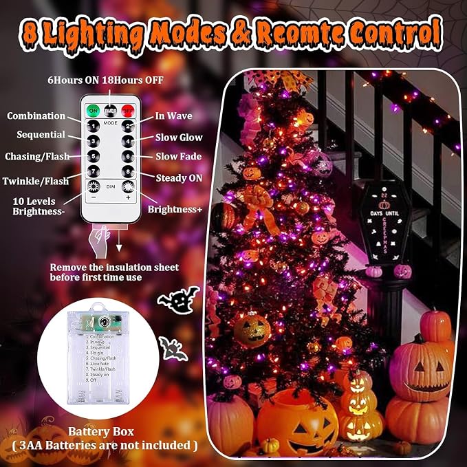 3PK Orange and Purple Halloween Fairy Lights Battery Operated with Remote | 8 Lighting Modes, Remote Control, Timer & Dimmable, Total 78FT 240LED Twinkle Lights for Outdoor Indoor Halloween Home Decor