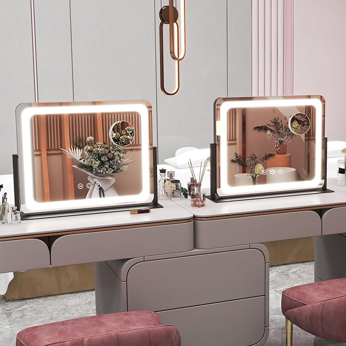 ROLOVE 22x17 Inch Lighted Vanity Mirror with Dimmable LED Lights - 3 Color Modes, Smart Touch Control & 360° Rotating Base - Desk Makeup Mirror (Black)