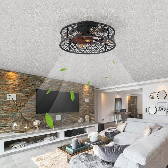 20" Caged Ceiling Fans with Lights Flush Mount Ceiling Fan with Remote,Small Black Low Profile Bladeless Ceiling Fan Light Fixture for Bedroom, Kitchen, Dining Room 4 bulbs Included,6 Speeds