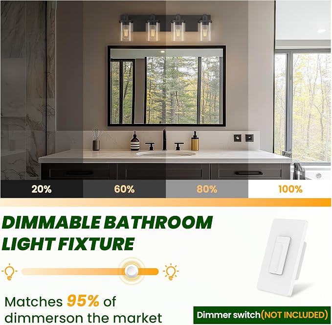 Bathroom Vanity Light, 4 Light Matte Black Light Fixture with Clear Glass Shade, 29 in Modern＆Farmhous Vanity Lights, Bathroom Light Fixtures Over Mirror for Bathrooms, Livingroom