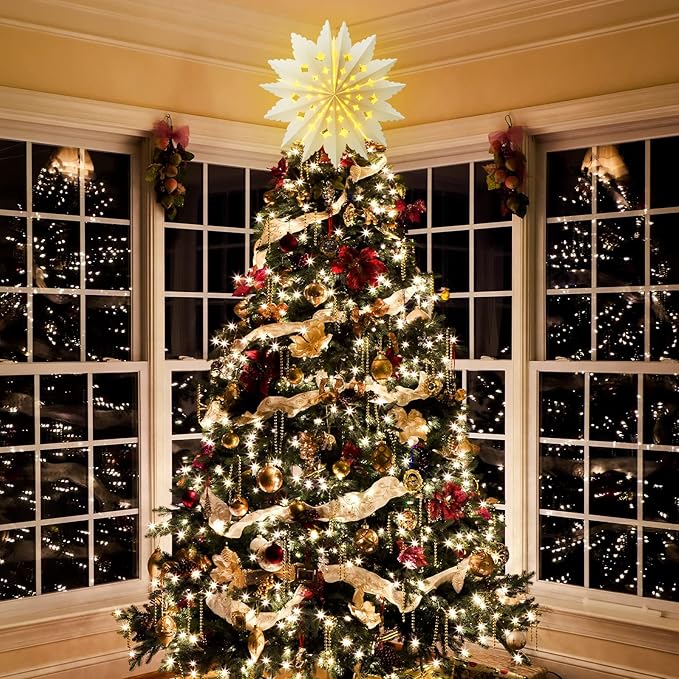 23.6 Inch Christmas Star Snowflake Paper Lantern with Light Timer Paper Lamp Party Supplies Hanging Decoration for Weddings Christmas Trees Birthday Holiday Party Celebration (Elegant Style)