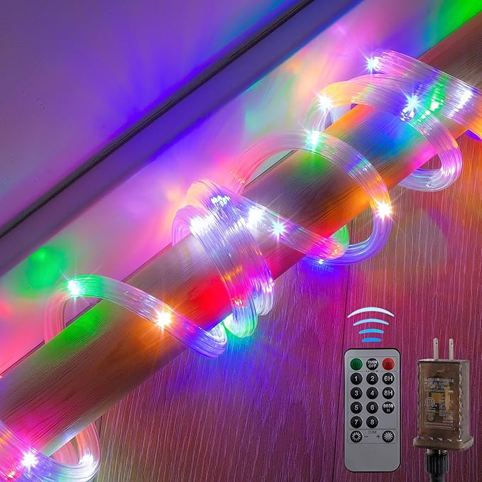 Ripple Tube LED Rope Lights with Remote Control - 8 Modes, 360° Glow,Waterproof for Outdoor/Indoor,Garden,Wedding,Pool,Patio,Christmas Decor (Multicolor, 33ft)