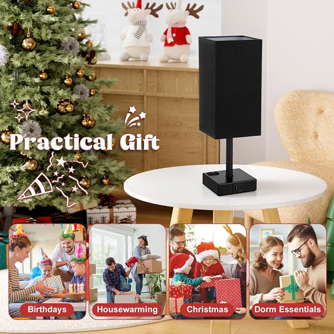 3000K Black Table Lamp for Bedroom - Dimmable Touch, USB C+A, AC Outlet | 3-Way Dimming, 3000K Warm White Bulb Included, Nightstand Lamp with Square Linen Shade, Small Room Decor for Men, Boys, Desk