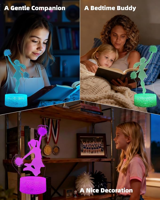 Cheerleader Gift 3D Illusion Night Light for Girls 2 Patterns | Cheerleading Lamp, 16 Colors Change, Dimmable, Touch & Remote Control, Room Bedroom Décor, Kid Teenager Birthday Christmas