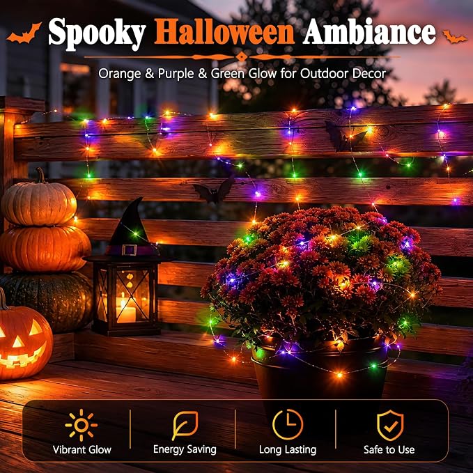 cshare Halloween Solar Fairy Lights 2 Pack 16.4FT 50LED Each, Orange Purple Green Halloween Lights Waterproof Outdoor Black Wire String Lights for Yard Porch Garden Fence Tree Decor