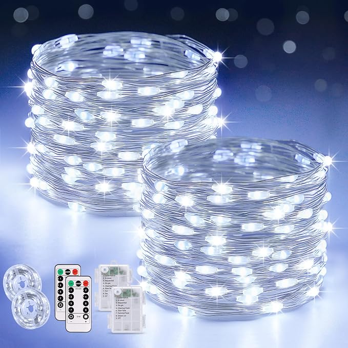 JMEXSUSS 2 Pack White Fairy Lights Battery Operated, Total 200 LED 66ft | Twinkle Lights with Remote, Timer, 8 Mode White String Lights for Bedroom Backdrop Dorm Ceiling Centerpiece Tree Party Decor