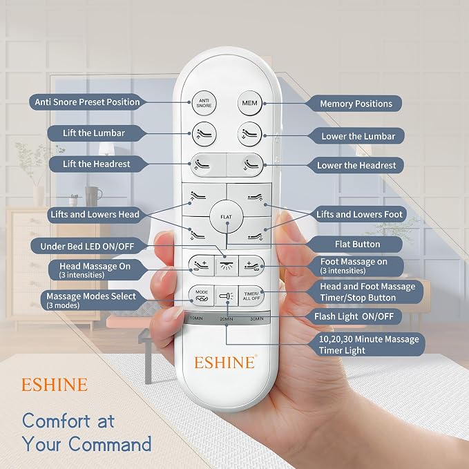 ESHINE Queen Adjustable Bed Frame with Lumbar Support Smart App | Bed Base, Head-Pillow-Tillt, Under Bed Light, Dual USB, Zero Gravity, Ergonomic Incline, Wireless Remote, 6000 Series
