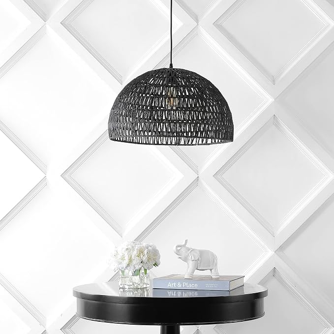 JONATHAN Y Campana 1-Light Pendant Dome Ceiling Lamp, 20", Black | Modern Coastal Farmhouse Decor, Adjustable Height, Woven Rope Metal Frame, LED Bulb Included, UL Listed