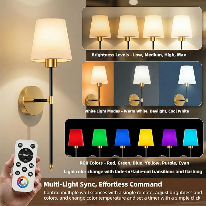 IRONPAX Wall Sconces Battery Operated Set of 2, Wireless Rechargeable Wall Sconce Set of Two, Dimmable Wall Lights with Remote for Bedroom Living Room Hallway Decor (Black-Gold, Fabric Shade)