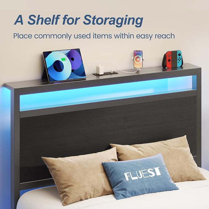 Fluest Twin Bed Frame with Headboard & Footboard, Twin Bed Frame with Charging Station & LED Light, Under-Bed-Storage, No Box Spring Needed, Noise Free, Easy Assembly, Classic Black