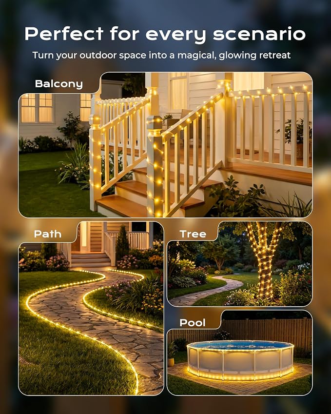 Brightown 4 Pack 39FT 100LED Warm White Solar Rope Lights Waterproof | IP65 waterproof solar fairy lights with 8 lighting modes, solar powered, perfect decor for yard, garden and outdoor tree