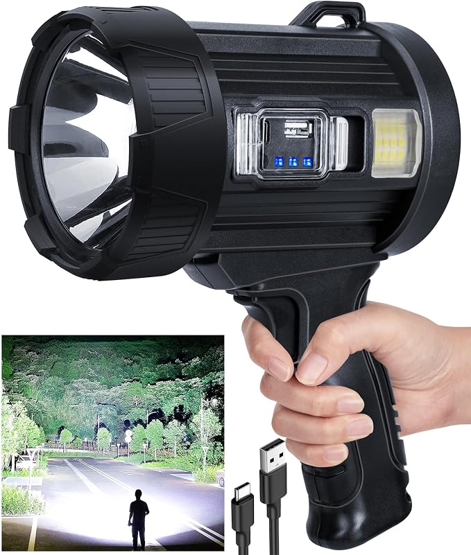 Sigoobal Rechargeable Spotlight,2000000 LM Super Bright Handheld Spot Light LED Flashlight High Lumens,Powered Spotlight Large Searchlight Outdoor with Solar Panels for Boating Camping Hunting