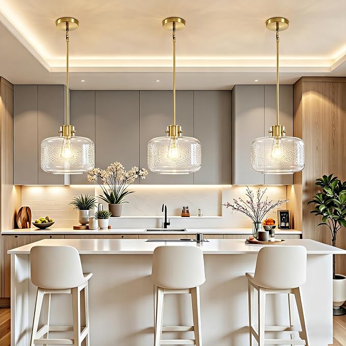 Gold Pendant Lights Kitchen Island with 9.84in Hammered Glass Shade 1Pack | Handcrafted Glass Pendant Light Fixtures, UL Certified, E26 Base 100W Max, Height-Adjustable, Dimmable Hanging Pendant Light