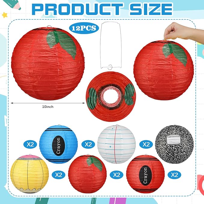 12 Pcs Back to School Classroom Paper Lanterns 10 Inch Classroom Hanging Decoration Composition Notebook Pencil Crayon Apple Lanterns Ceilings for First Day of School Party Supplies