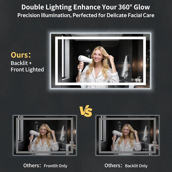 55"x30" LED Bathroom Mirror with Lights, Backlit+Frontlit, Anti-Fog | CRI 95, Stepless Dimmable, 3 Colors Lighting, Shatterproof Tempered Glass, HD Reflection, Memory, (Horizontal/Vertical)