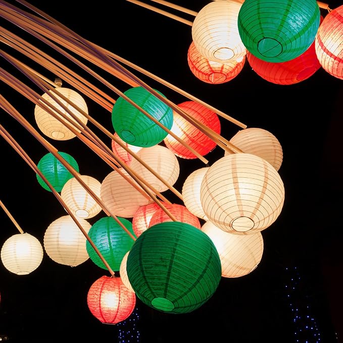 Tenare 12 Pcs Traditional Round Paper Wedding Lantern 4 Size 4, 6, 8, 10 Inch Decorative Ball Hanging Chinese Japanese Paper Lantern for Birthday Party(Red, White, Green)